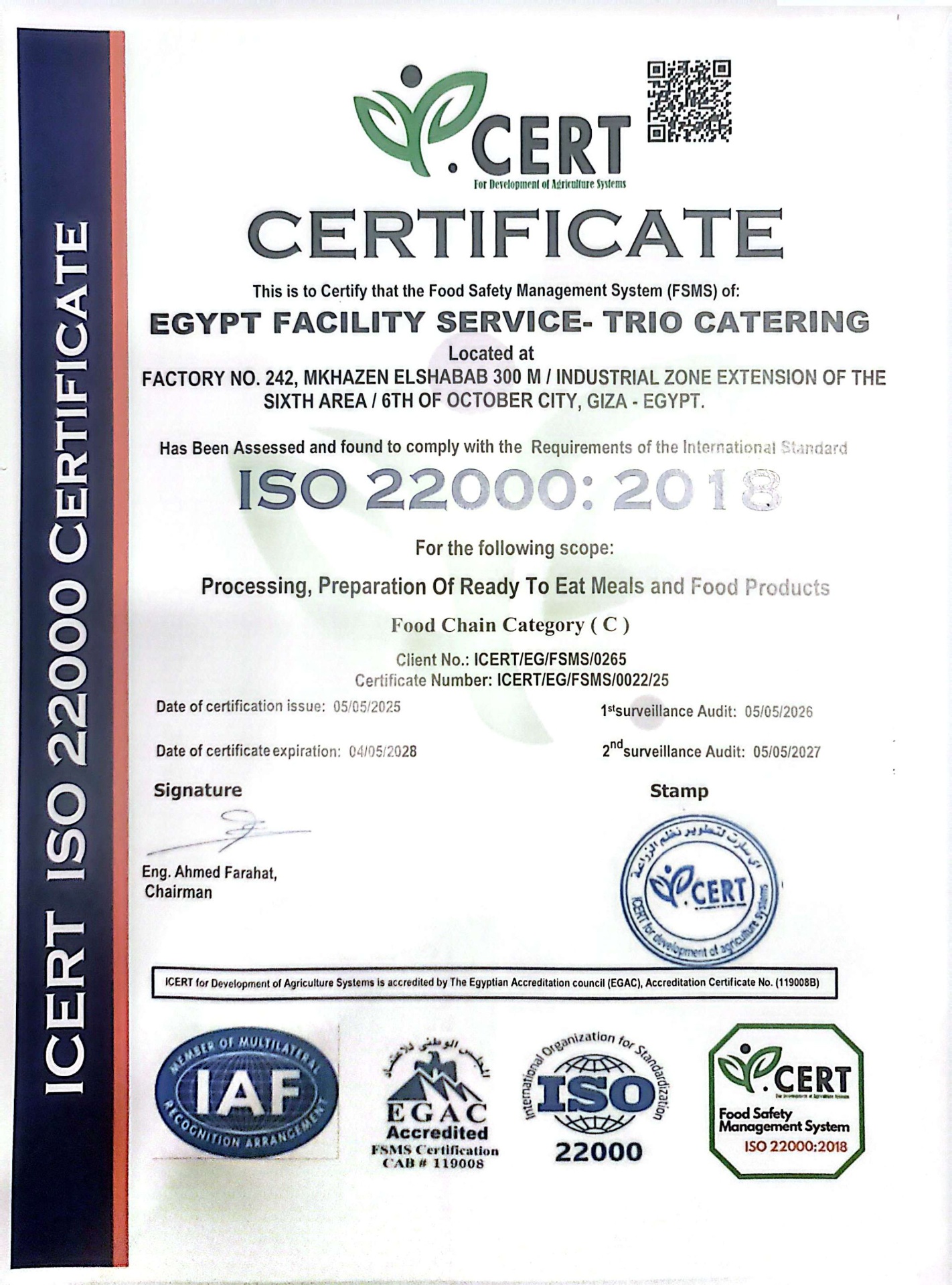 ISO 22000:2018 Certificate - Trio Catering Food Safety Management System